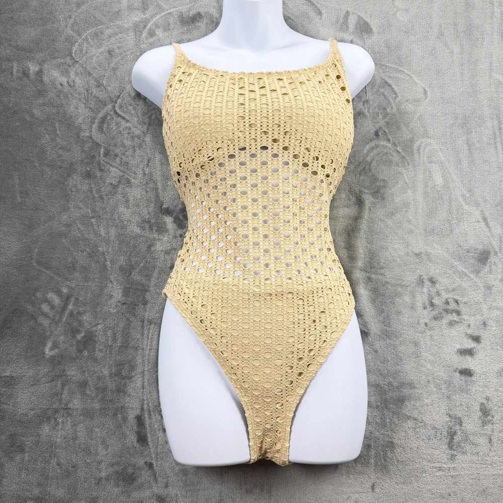 Carmen Marc Valvo One Piece Swimsuit Size 16 Beige Crochet Lace NWT $98